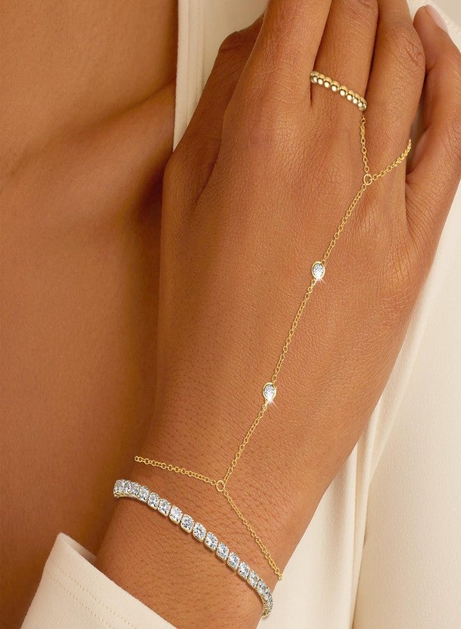 MOINSPIRE Gold Hand Chain Bracelet for Women-3PCS 14K Gold Plated Trendy Dainty Adjustable Stackable Tennis Link Ring Bracelet Hand Chain, Elastic Beaded Rings Non Tarnish Jewelry Gift for Women - Image 5